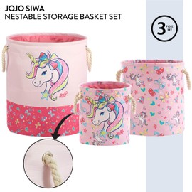 Idea Nuova JoJo Siwa Pink Bow and Unicorn 3 Piece Multi Size Fabric Nestable Toy Storage Basket Set, with Rope Carry Handles