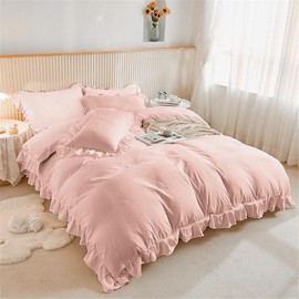 2 Pieces Single Pink Ruffle Bedding Set Ruffle Frills Duvet Cover Set Soft Microfiber Duvet Cover 135 x 200 cm