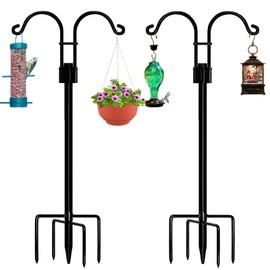 STAUKOK Double Shepherds Hooks for Outdoor, 2 Pack 76 Inch Bird Feeder Pole with 5 Prongs Base, Heavy Duty Garden Hook for Hanging Plant, Lantern, Hummingbird Feeder | STAUKOK
