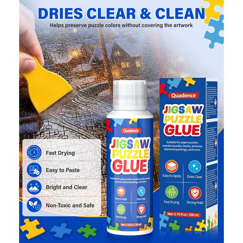 Quadence Jigsaw Puzzle Glue, 200ML Clear Sealer with Sponge Applicator