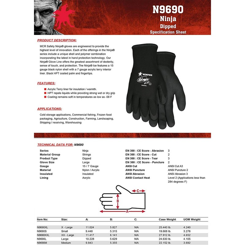 1 Pair Memphis Glove N9690M Ninja Ice 15 Gauge Black