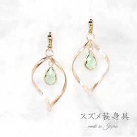 Suzumenokuniku Soshinjiku Earrings, Hoop, Green Glass, Swinging, Fake Earrings, No-Hole Earrings, Screw Spring Type Earrings, Glass, No Gemstone
