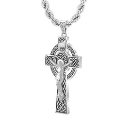 US Jewels Men's 925 Sterling Silver 43mm Accent Celtic Crucifix Knot Cross Religious Pendant 3.2mm Rope Chain Necklace, 24in