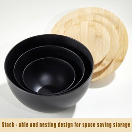 JOYMAY Salad Bowls, Mixing Bowl Salad Bowl Set, Natural Bamboo Fiber Serving Bowl Set of 3 with Bamboo Wood Lid, Nesting Bowls for Salads,Pastas(Black,10",8",6")