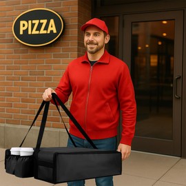 CIVJET Insulated Pizza Delivery Bag with 4 Cup Holders, 24" x 6" Pizza Warmer Bag for Hot Pizza/Drinks, Pizza Carrier for Events, Large Food Delivery Carrier for Transport/Shopping/Catering, Black