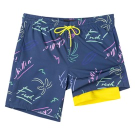 SURF CUZ Mens Swim Trunks with Compression Liner Quick Dry Swim Shorts 7" Swimming Trunks Stretch Bathing Suit Zipper Pockets,Mariner Doodles,M