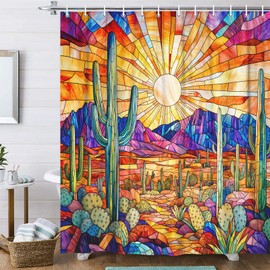 Stained Glass Western Shower Curtain, Boho Southwestern Desert Cactus Landscape Fabric Shower Curtains Set for Bathroom Decorative, Colorful Vintage Restroom Decor Accessories with 12PCS Hooks 70X75