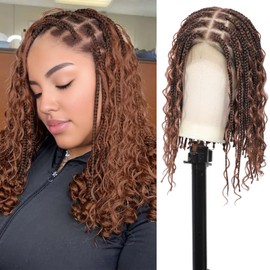 Kalyss 12inch 13x8 HD Lace Front Short Boho Braided Wigs for Women Full Lace Knotless Braided Wig with Bohemian Curly Box Braid Wig with Baby Hair Brown Human Hair Blended Braid Wigs