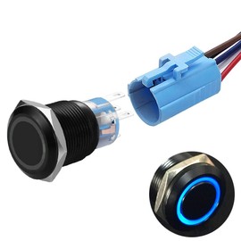 19mm Latching Push Button Switches SPDT ON/Off Waterproof Black Metal 12V Ring LED with Wire Plug (Blue)