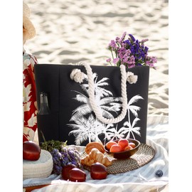 Large Canvas Beach Tote Bags for Women Ladies Waterproof Sandproof Picnic Shopper Bag with Zipper Pockets Compartments for Wife Girlfriend Shopping Picnic Pool Cruise Swim Gym Must Have Black Foldable