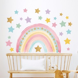 Tanlaby Large Rainbow Wall Stickers Boho Rainbow Wall Decal Colorful Stars Vinyl Wall Art Sticker for Girls' Room Kids Baby Nursery Bedroom Living Room Playroom Classroom Wall Decor
