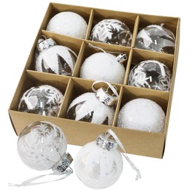 9 Christmas Baubles - 6 cm Transparent Baubles with White Snowflake-Like Flake Design, 3 Styles - Elegant Winter Decoration for Christmas Tree, Plastic Christmas Tree Bauble, Christmas Decoration