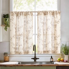 jinchan Floral Kitchen Curtains 36 Inch Linen Tier Curtains Farmhouse Cafe Half Window Drapes Over Sink Light Filtering Taupe on Beige for Living Room Laundry RV Rod Pocket 2 Panels