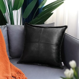 BRAWARM Black Leather Throw Pillow 16 X 16 Inches, Faux Leather Pillow Cover with Piping, Hand Stitched Decorative Throw Pillow for Couch, Sofa, Bed, Living Room, Garden