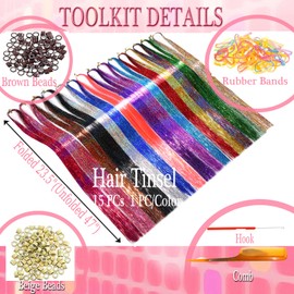 HandWig Fairy Hair Extensions,Tinsel Hair Strands,Very Cute Shiny Sparkle for Kids Girls (15 Colors+Tools, 47 Inches)