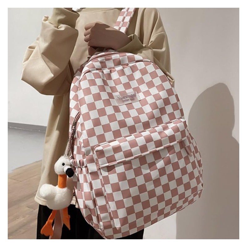 MININAI MININAI Y2K Aesthetic Checkered Backpack with Kawaii Pendant Checkerboard