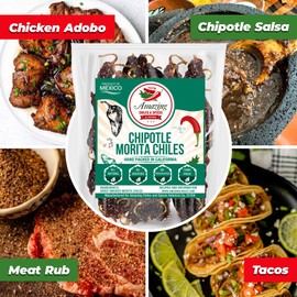 Dried Chipotle Morita Chile Peppers 4 oz – Robust Smokey Flavor, Use For Mexican Recipes, Mole, Sauces, Tamales, Salsa, Meats, Stews. Medium to High Heat - Resealable Bag. By Amazing Chiles and Spices