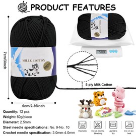 Wool for Crochet, 12 x 50 g Crochet Yarn, Black Wool for Knitting, Crochet Wool, Yarn for Crochet, Crochet Yarn, 5 Strands Hand Knitting Yarn for Beginners and Children, Crochet Knitting and Crafts