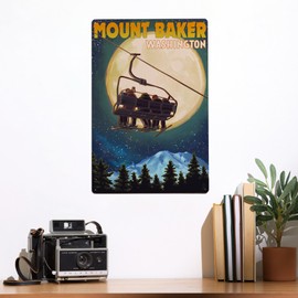 Lantern Press 12x18 Inch Metal Sign, Mt. Baker, Washington, Ski Lift and Full Moon, Letterpress