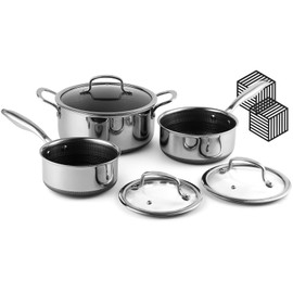 Tibbicc Non Stick Pot and Pan Set 8 Pieces, 1.5 QT, 2 QT Saucepan & 5.2 Quart Dutch Oven Pot Set with Matching Tempered Glass Lid Double Trivets, Dishwasher & Oven Safe Compatible with All Cooktops