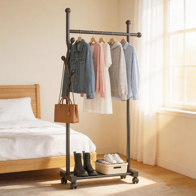MYUPDALIN Freestanding Garment Rack with Wheels, Rolling Clothes Rack with