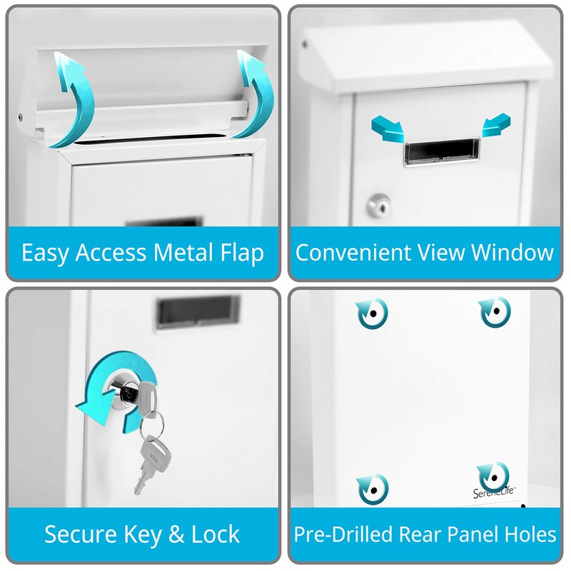 Serenelife Weatherproof Wall Mount Locking Mailbox Galvanized Steel Drop Box
