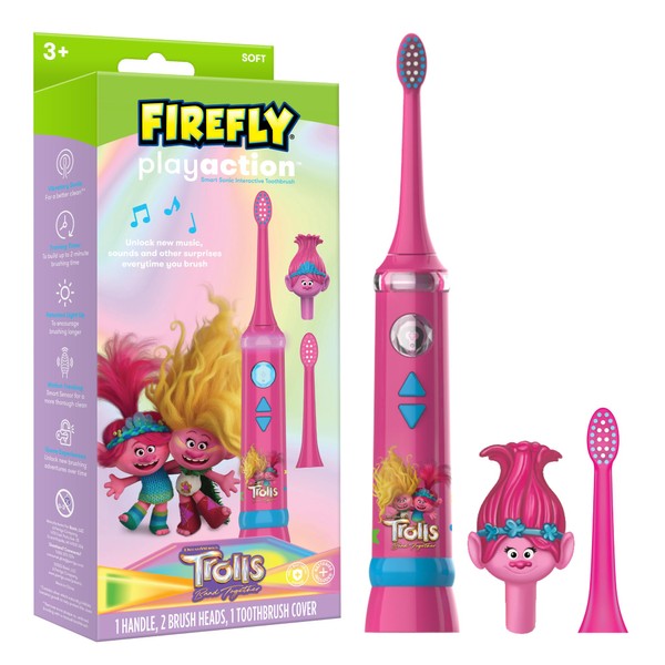 FIREFLY Play Action Trolls Smart Sonic Toothbrush Kit, Interactive Electric Toothbrush with Lights, Music and Games, Batteries Included, Ages 3+