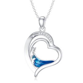 LWXIE Diamond Beach Necklace 925 Sterling Silver Double Heart Ocean Wave Pendant Necklaces Gift for Women Mom Wife