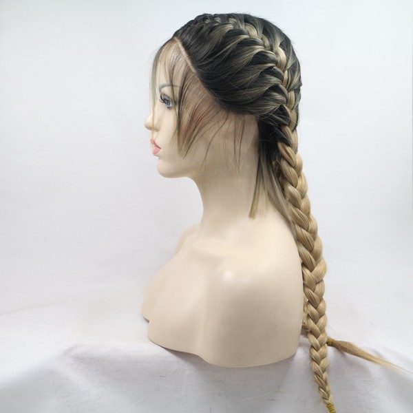 Xiweiya Blonde with Brown Root Double Braids Synthetic Braided Lace Front Wig with Baby Hair Dutch Twins Braids Wig Heat Resistant Fiber Braids Middle Part Wig For Women