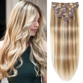 Tebelove Clip in Hair Extensions Real Human Hair 3.8oz/105g Clip ins 100% Human Hair Extension for Women 8pcs Per Set with 18 Clips Double Weft (20 Inch #16/22 Light Blonde to Golden Blonde)