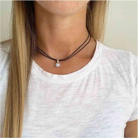 Yheakne Boho Layered Suede Choker Necklace Black Velvet Necklace Short Sun Pendant Necklace Double Layer Black Cord Necklace Chain Jewellery for Women and Girls