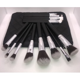 15pc Makeup Brush Set, Black & Silver with Black Bag