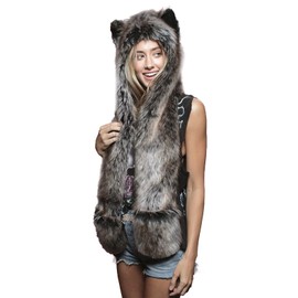 Womens Winter Warm Faux Fur Hoodie Hat Ear Flaps Scarf Gloves Pocket Set Furry Beanie Cap Long Scarves Shawl Wraps Party Costume (UK, Alpha, One Size, Grey)