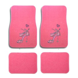 ALLBrand Universal Fit Front/Rear 4-Piece Full Set Crystal Bling Rhinestone Design Studded Carpet Car SUV Truck Pink Floor Mats - 4 Pcs Set (Pink Heel-Pink)