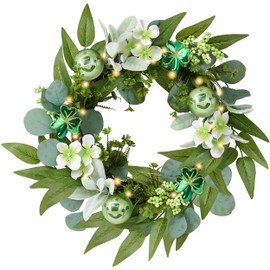 Valery Madelyn Valery Madelyn St. Patrick's Day Wreath for Front Door with Lights, Artificial Spring Eucalyptus Wreath with Shamrock Clover Ornaments, Prefect Gift and Decoration for Irish Festival Home Party-18'
