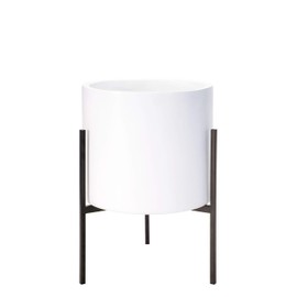 Modern White Plants Pot Cylinder Planter with Heavy Duty Stand, Medium 10 Inch Pot, 16.3 Inch with Stand Height