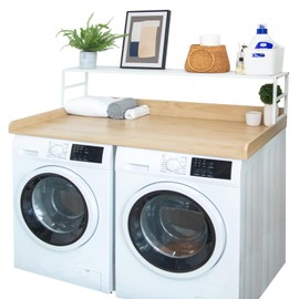 Washer Dryer Countertop for the Top, Wood Washer Dryer Topper with 2-Tier Shelf, Laundry Countertop with Edge Rails, Washer Dryer Cover for Laundry Room Organization, 27.5" W x 54" L, Natural