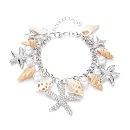 MMIUAEG Shell Starfish Bracelet Seahorse Conch Starfish Sea Shell Pearls Charm Stone Bracelet Statement Bohemian Sea Themed Beach Jewelry for Women (Silver)