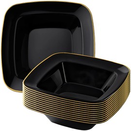DecorLine Contour Collection Elegant Black Plastic Soup Bowls with Gold Rim - 12 oz (Pack of 10), Ideal for Parties Celebrations & Special Occasions