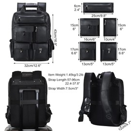 Masa Kawa Black Leather Backpack for Men 15.6 Inch Laptop Bag Multi Pockets Rucksack Casual Business Work Travel Daypack