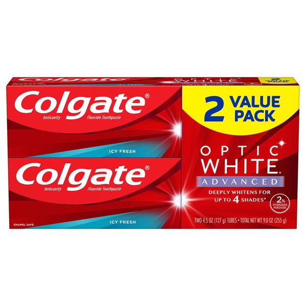 Colgate Optic White Advanced Teeth Whitening Toothpaste, 2% Hydrogen Peroxide Toothpaste, Icy Fresh, 4.5 Oz, 2 Pack