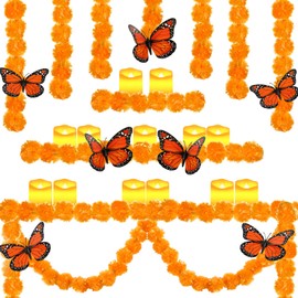 20 Pcs Dia De Los Muertos Ofrenda Day of The Dead Decoration Ofrenda Altar Set 2 Artificial Marigold Garlands 6 Monarch Butterfly 12 Flameless Votive Candles for Dia De Los Muertos Diwali(Orange)