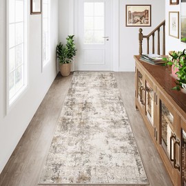 WondRg 2x6 Washable Runner Rug for Kitchen Hallway Non-Slip Brown Grey Neutral Carpet Low Pile Soft Thin Area Rug Abstract Modern Vacuumable Lightweight Runner for Entryway Bedroom Bedside Indoor