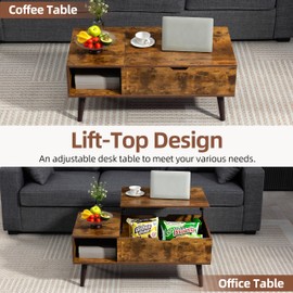 Finnhomy Lift Top Coffee Table with USB Type-C Charging Station, LED Lights and Power Outlet, 3-in-1 Multifunctional Table with Hidden Compartment and Large Storage, for Living Room Home Office, Brown