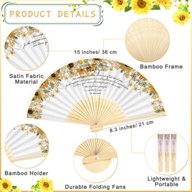 Unittype 100 Pcs Wedding Folding Fans for Guests Bamboo Folded Hand Fan Thank You Fan for Wedding Favors Vintage Silk Handheld Fans for Bridal Shower Decorations(Bright Colors, Sunflower Style)