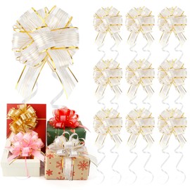 Pull Bows 10 Pcs Bows for Gift Wrapping 6 inch Christmas Bows Large Organza Ribbon Pull Bows for Christmas Wedding Party Flower Decoration Gift Bows Boxes Basket Valentine's Day for Gift Present White