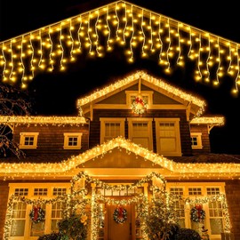 WoskjXas Solar Icicle String Light 26.2Ft/8M 288 LEDs Christmas Icicle Lights Outdoor Icicle Curtain Light 8 Modes Remote Control Waterproof Icicle Light Christmas Decoration for Roofs Window [Warm]