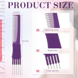 Leinuosen 3 Pack Carbon Lift Teasing Combs with Metal Prong, Salon Teasing Back Combs (Celcon, Purple, 19 x 2.5 x 0.5 cm/ 7.5 x 1 x 0.2 inch L x W x H), Unisex, All Users, 1 Count