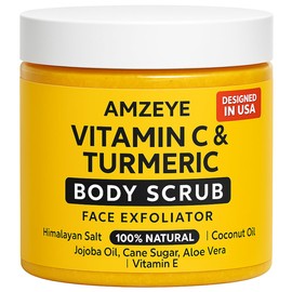 Vitamin C & Turmeric Body Scrub, Natural Face Exfoliator, Himalayan Salt with Coconut Oil, Jojoba Oil, Aloe Vera, Vitamin E, Cane Sugar
