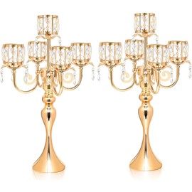 Tall Floor Candle Holders - 2Pcs Gold Candelabra for Wedding Centerpiece Decorations, Metal 5 Arm Candlesticks Party Wedding Aisle Home Decor (Gold x 2pcs)